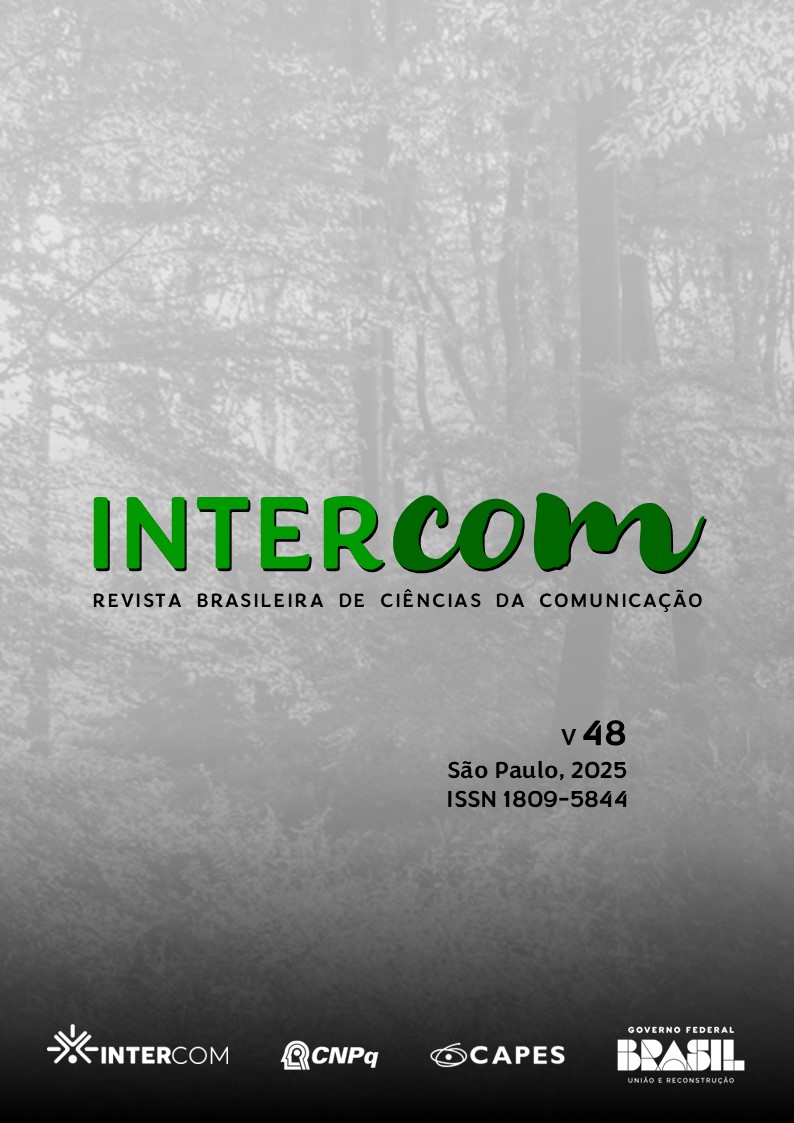 capa da revista INTERCOM (volume 48 - ano 20225). sobre um fundo cinza, está o nome da revista, os dados da edição e as logomarcas da Intercom, da Capes, do CNPq e do governo do Brasil.